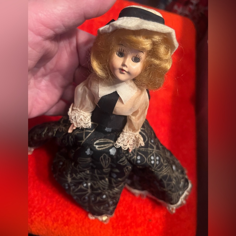 Vintage Doll with Black and Gold Dress Gothic